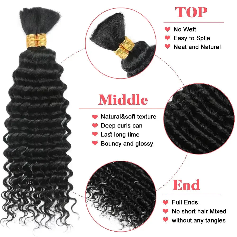 Deep-wave human braiding hair bulk, no weft, black Brazilian virgin hair