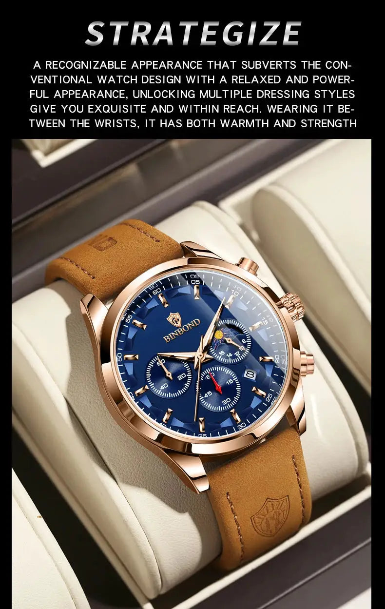 BINBOND men's luxury quartz chronograph watch with blue dial, rose-gold case, tan leather strap