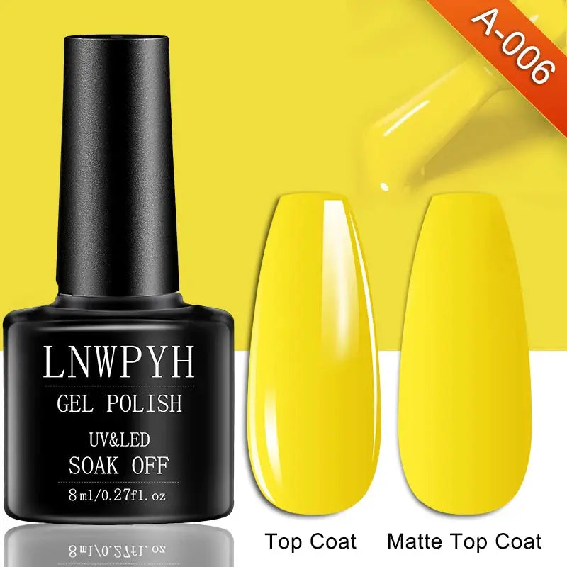 Gel polish bottle by LNWPHY with UV/LED soak-off label and two yellow nail swatches