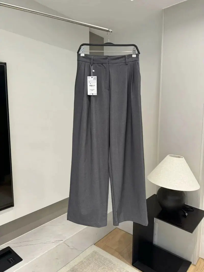 ETJ 2025 women's grey high-waisted pleated wide-leg pants on a hanger