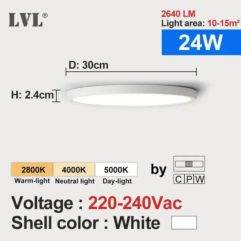 LVL LED ceiling light, round flush-mount with white shell and wood grain finish, 30 cm diameter, 24W, 220–240V