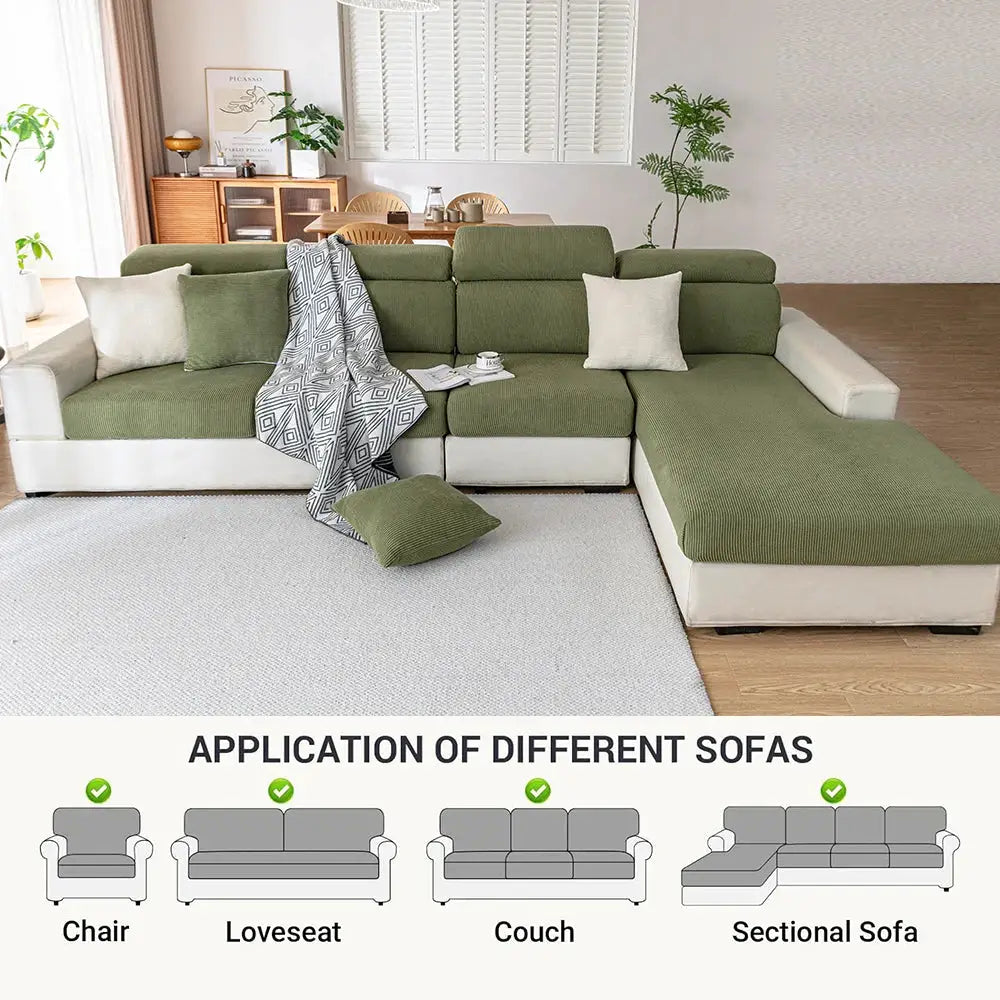 Sofa seat cushion covers in olive-green fabric on a white sectional sofa