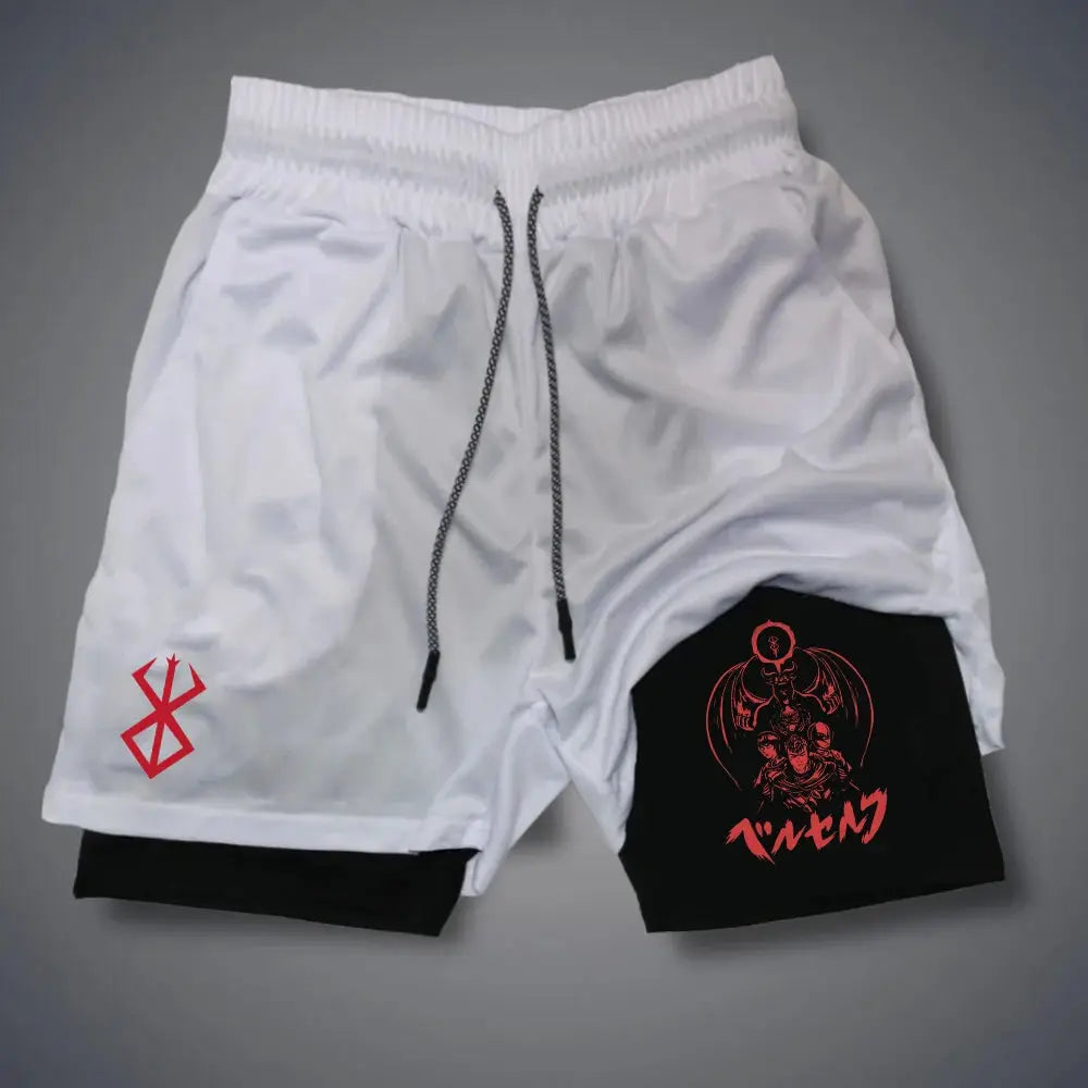 2-in-1 men's compression shorts by Simples Market, white with black inner layer, red logo graphics, phone pockets