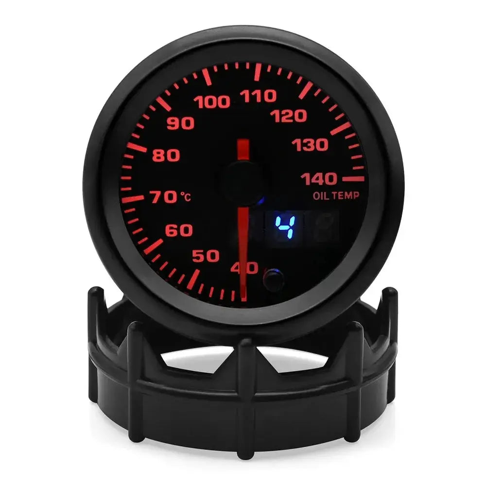 2-inch 52mm dual-display gauge with red dial and blue digital readout, oil temperature indicator