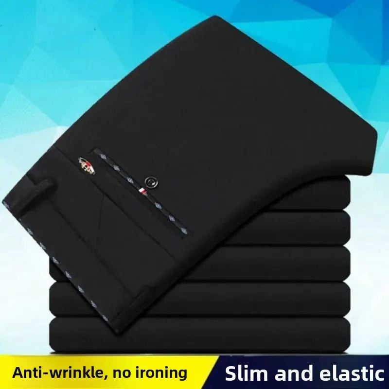 Simples Market men's elastic-waist dress pants, wrinkle-resistant slim-fit black trousers, stacked display