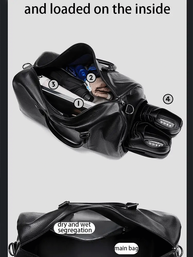 Simples Market Retro New Short Trip Bag, black PU waterproof sports bag with large capacity and dry/wet segregation.
