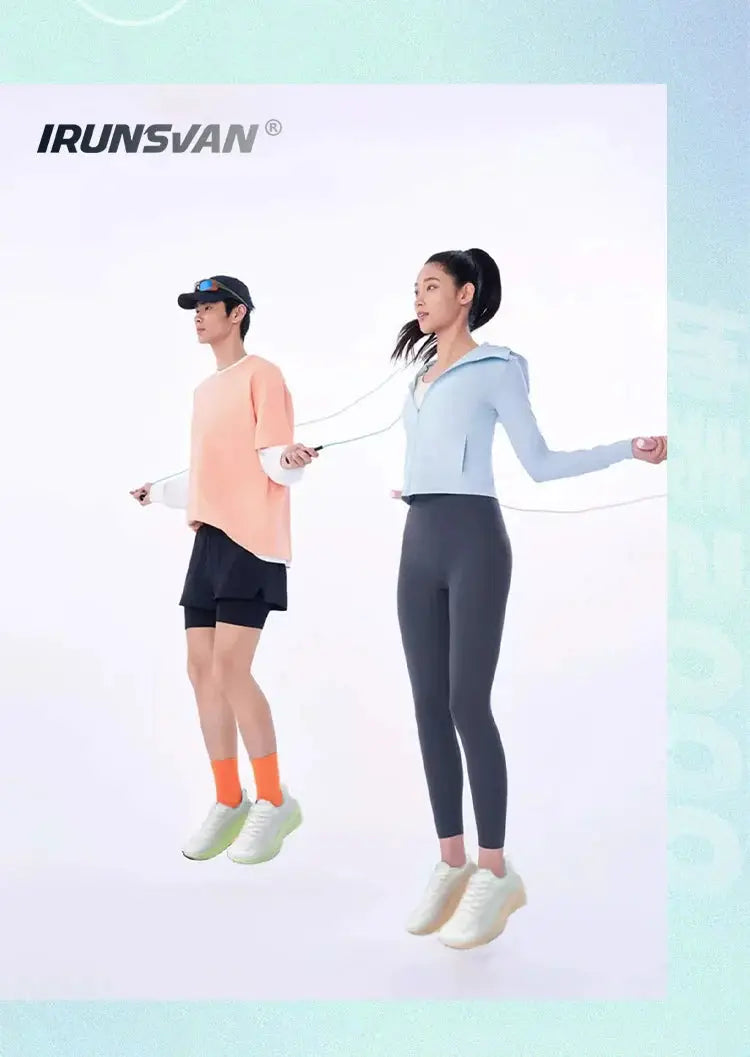 IRUNSVAN carbon fiber running sneakers; two pairs shown in white/cream and mint-green worn by models