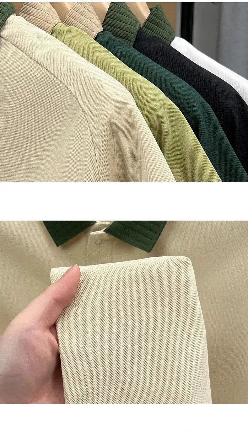 Polo shirts by Simples Market in beige, light green, olive, dark green, black and white with textured pique fabric