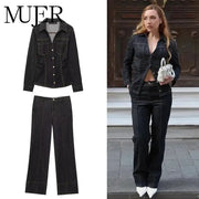 Mujer 2025 Denim Pants Set Button Up Shirt High Waist Trousers