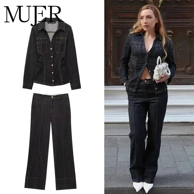 Mujer 2025 Denim Pants Set Button Up Shirt High Waist Trousers