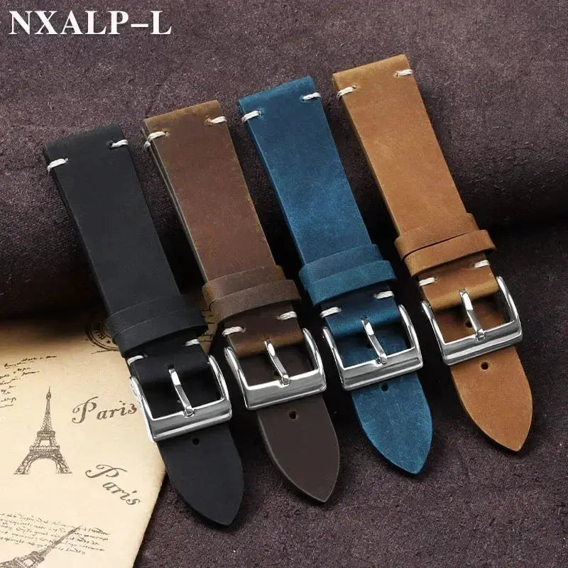 Heritage Vintage Oil Wax Leather Watch Band 18mm To 22mm Handmade Stitching Cowhide Strap For Omega Seiko Smartwatch