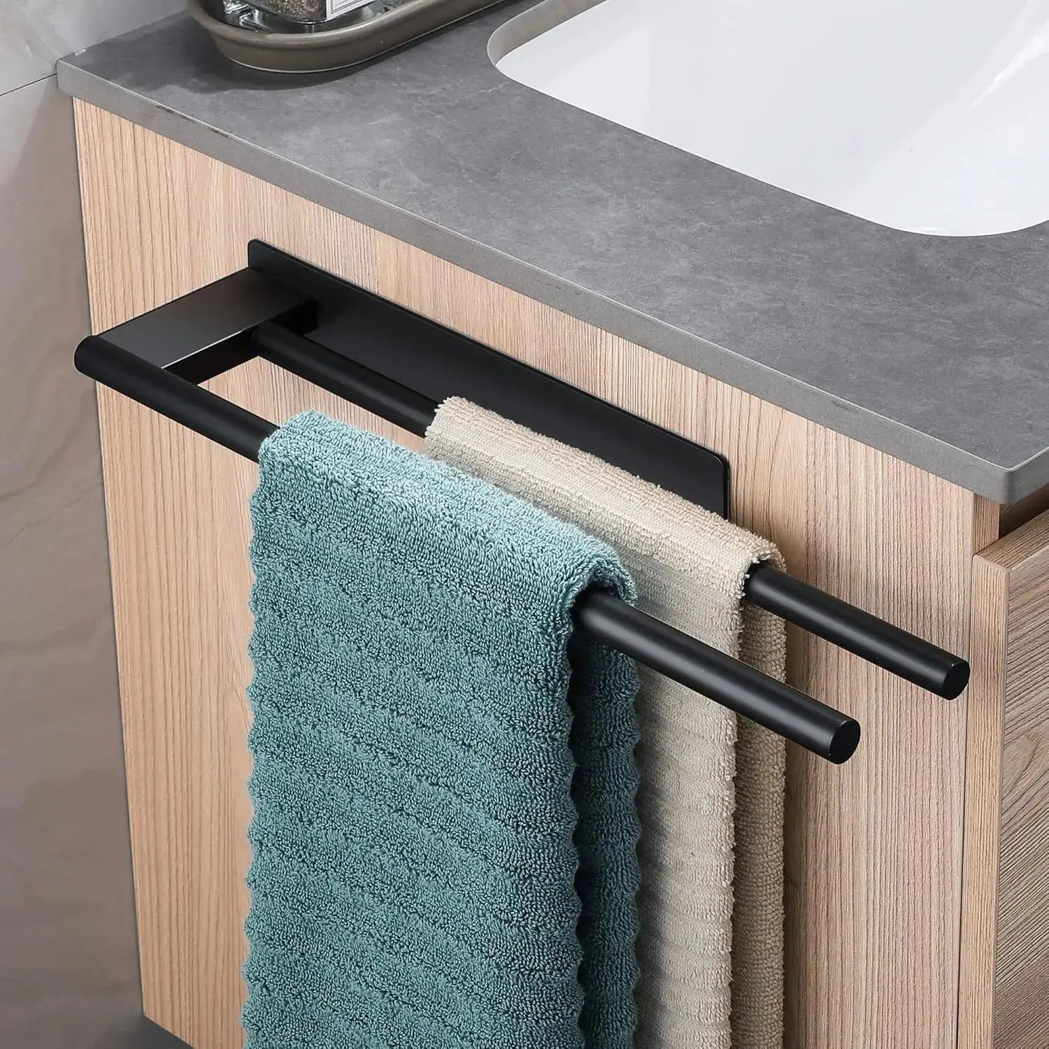 Bathroom towel rack double bar, matte black stainless steel, no-drill adhesive