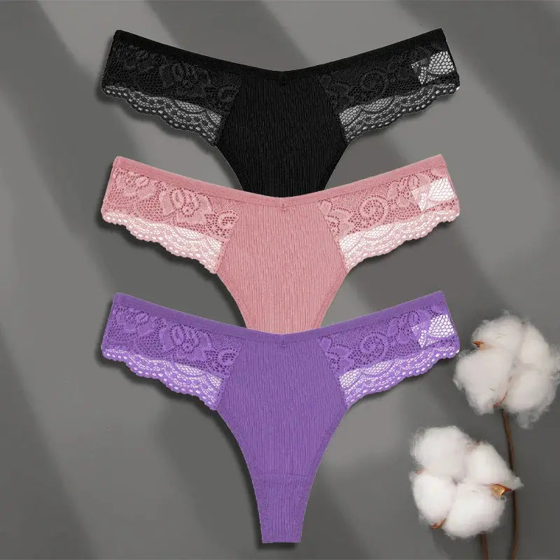 FINETOO 3-pack women's cotton lace thong underwear in black, pink, purple; low-rise with lace sides