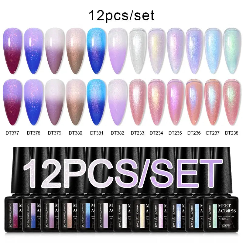 12-piece gel nail polish set by Simples Market, pink glitter and blue macarons shades for spring/summer manicure