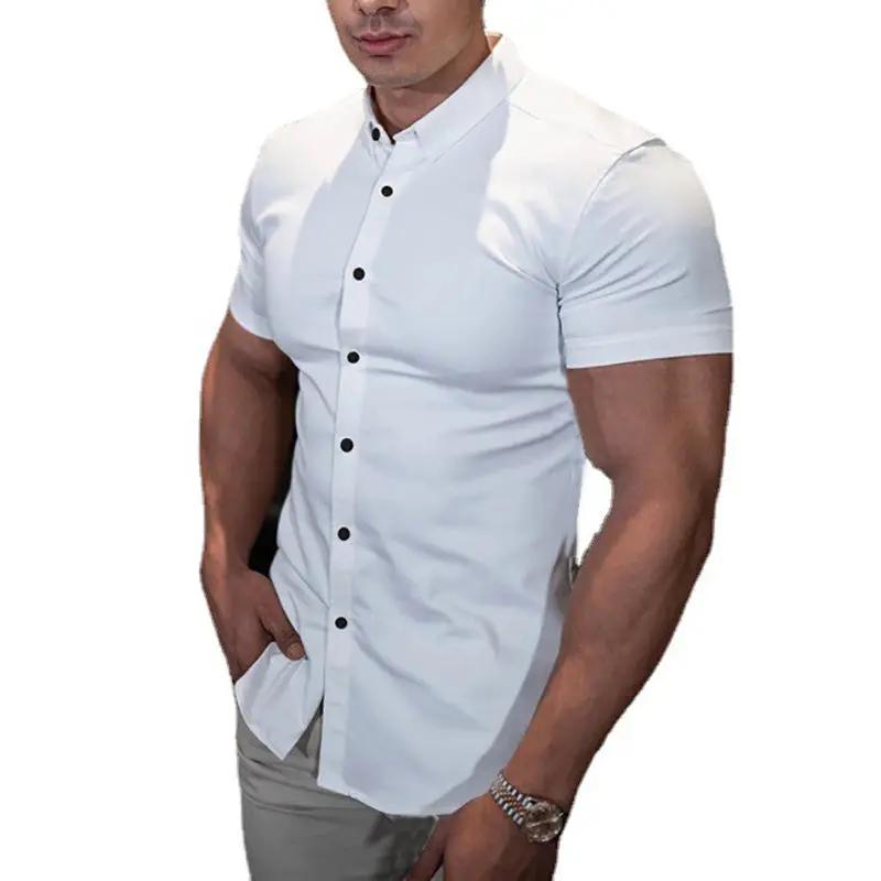 Men's white slim-fit short-sleeve dress shirt by Simples Market with black buttons