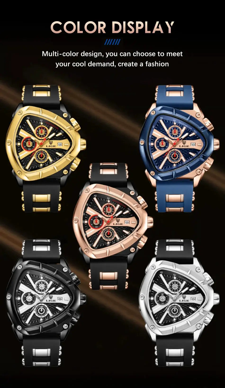 LIGE men’s luxury quartz wristwatch set (6 watches) in gold, blue, rose gold, black and silver with large chronograph dials