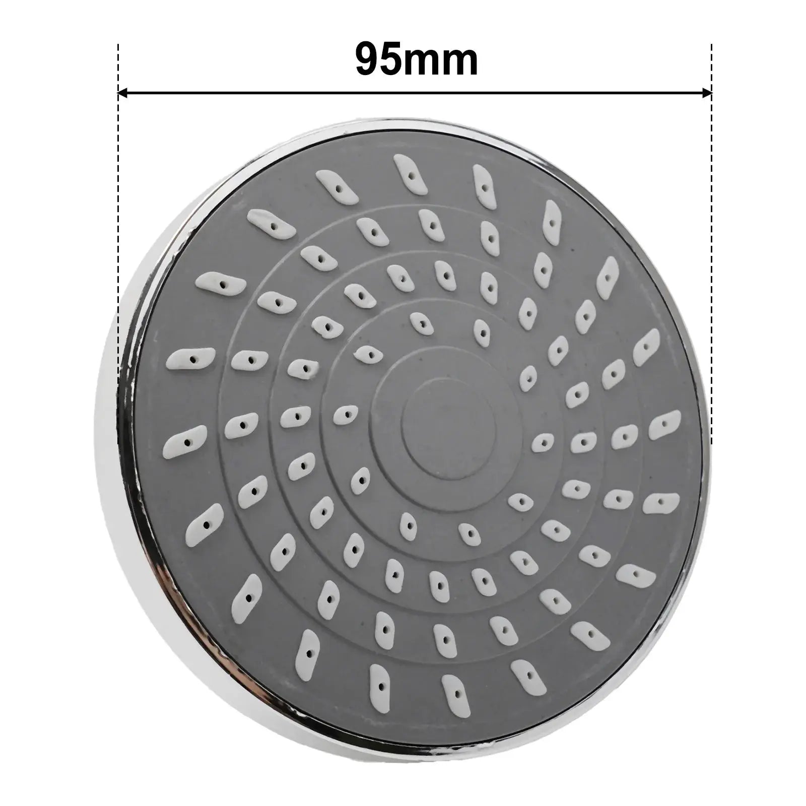 Simples Market adjustable rainfall shower head, gray circular wall-mounted unit with white nozzles, 95mm diameter.