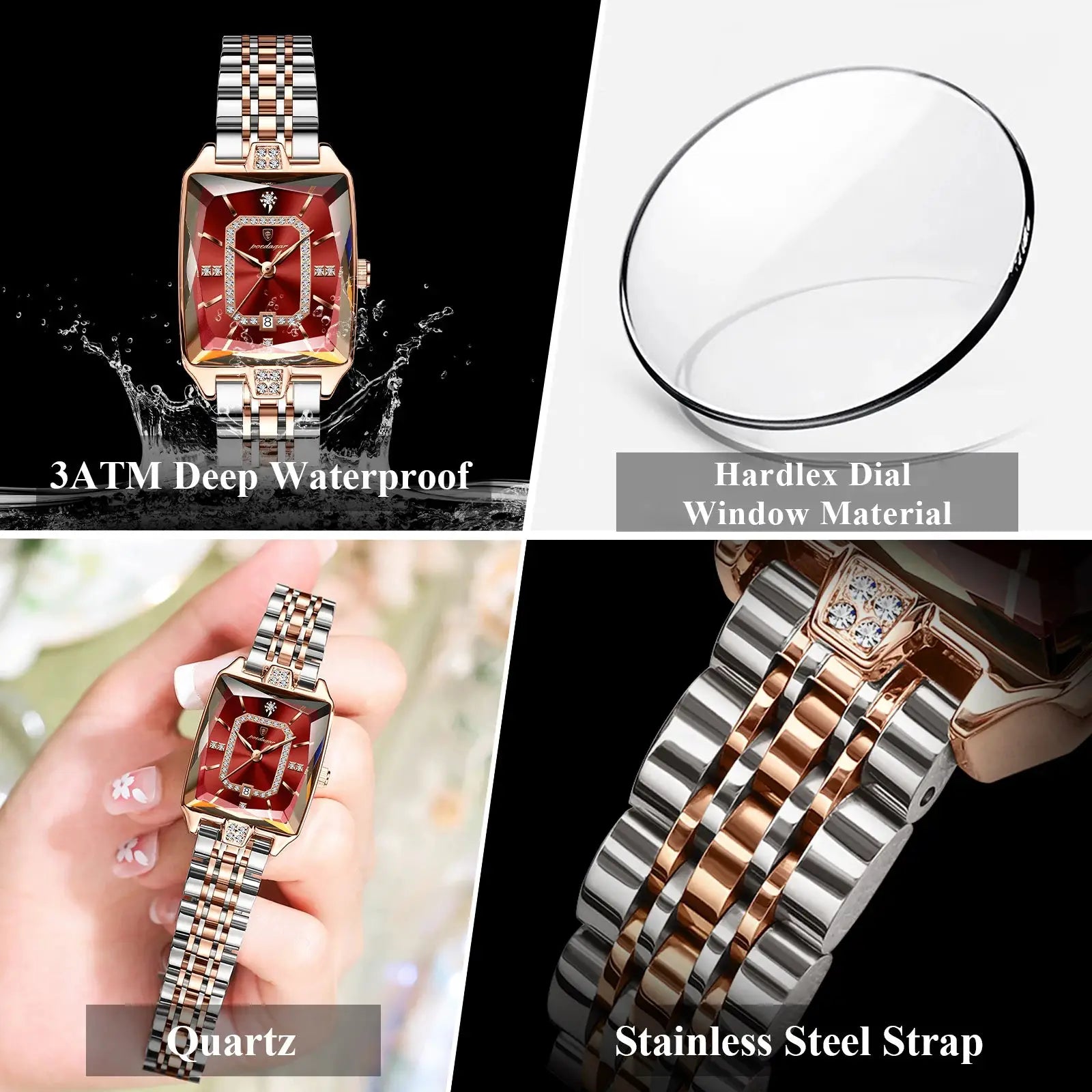 POEDAGAR luxury rectangle women's quartz watch with rose-gold and stainless steel bracelet, red crystal dial, 3ATM waterproof