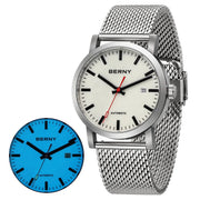 Two BERNY automatic men's watches with stainless steel mesh bands in white and blue dials.