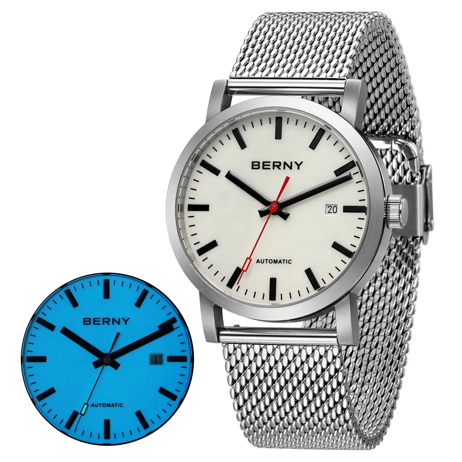 Two BERNY automatic men's watches with stainless steel mesh bands in white and blue dials.
