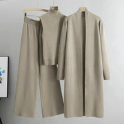 Spring Autumn 3 Piece Women Cardigan Tracksuit Set Knitted Pant Outfit With Turtleneck Vintage Fashion
