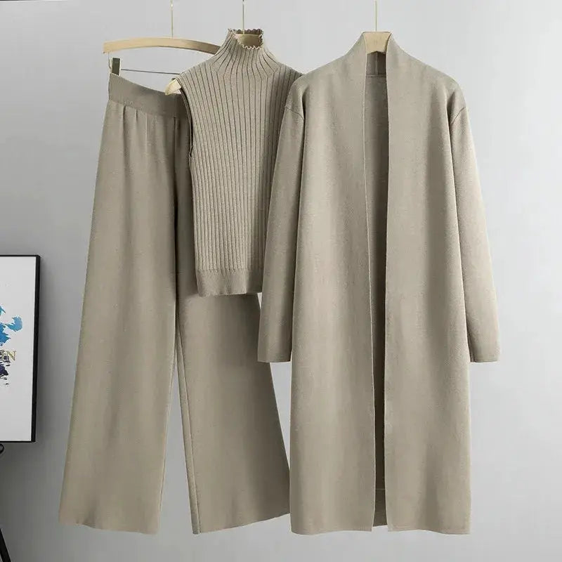 Spring Autumn 3 Piece Women Cardigan Tracksuit Set Knitted Pant Outfit With Turtleneck Vintage Fashion