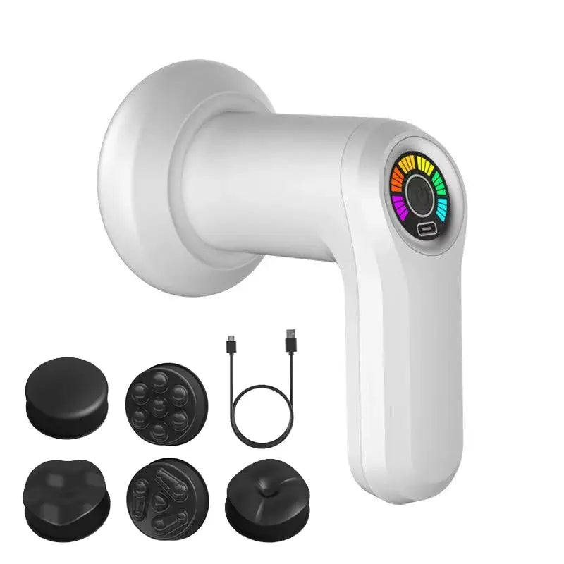 Simples Market 2025 cordless handheld body massager with white body, color dial, USB cable, and six attachment heads.