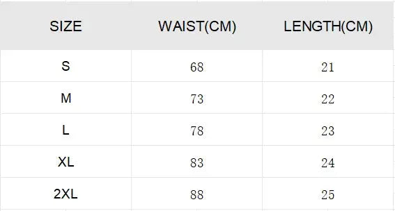 Mini skirt size chart by Simples Market showing waist 68–88 cm and length 21–25 cm for sizes S–2XL.