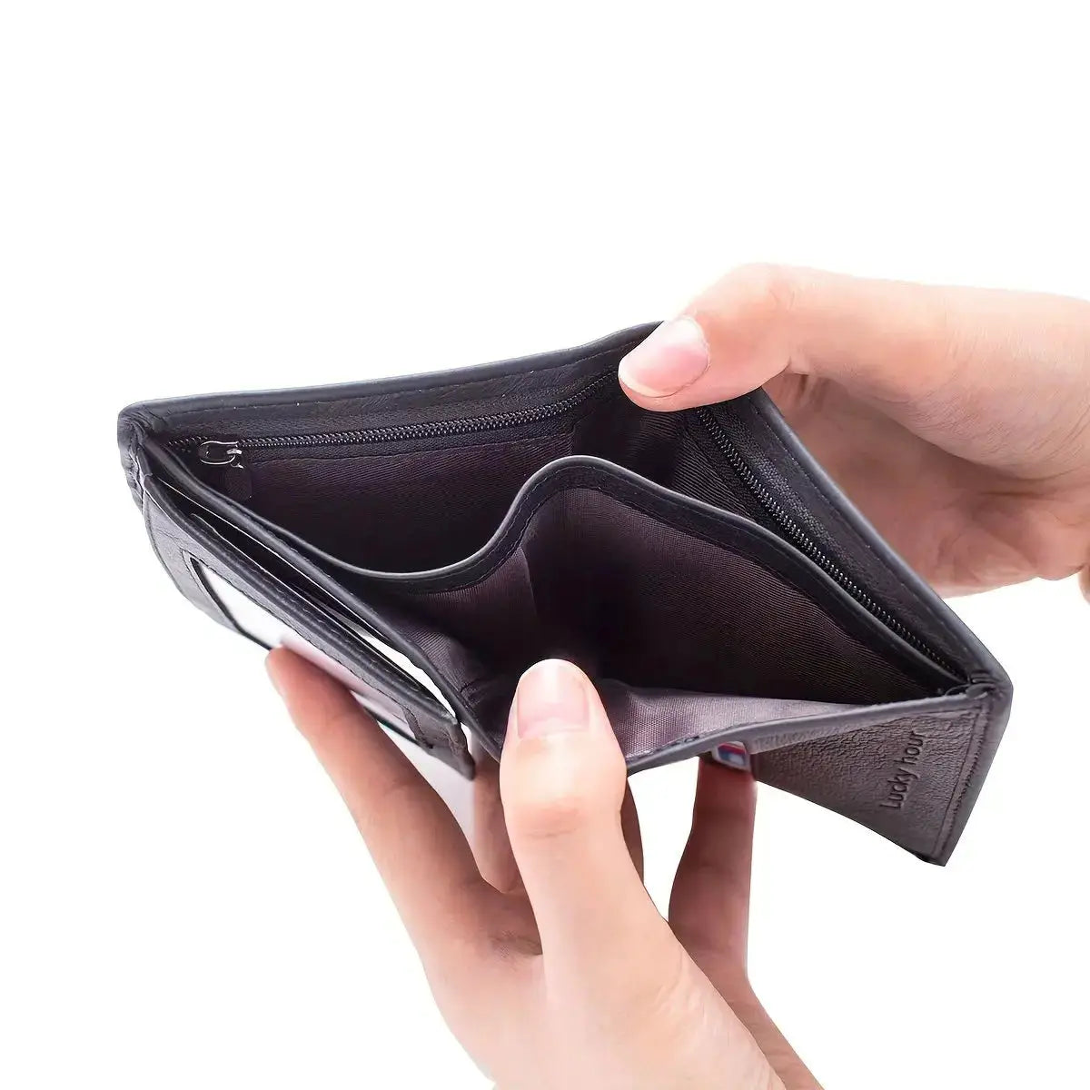 Multi-card slot wallet in black genuine leather with multiple card slots, zip pocket, compact and portable