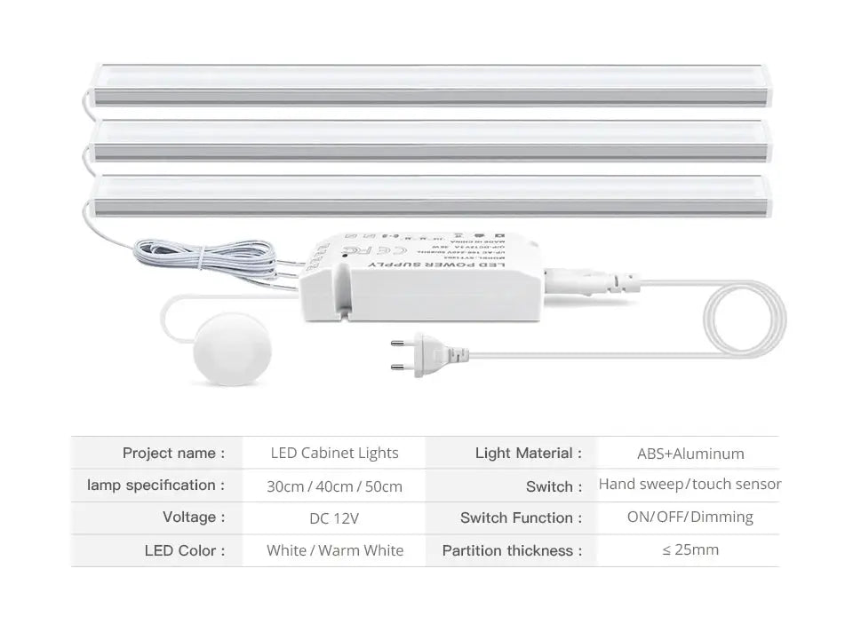 Simples Market LED under-cabinet light kit with three white aluminum bars, motion sensor, dimmable, power adapter.