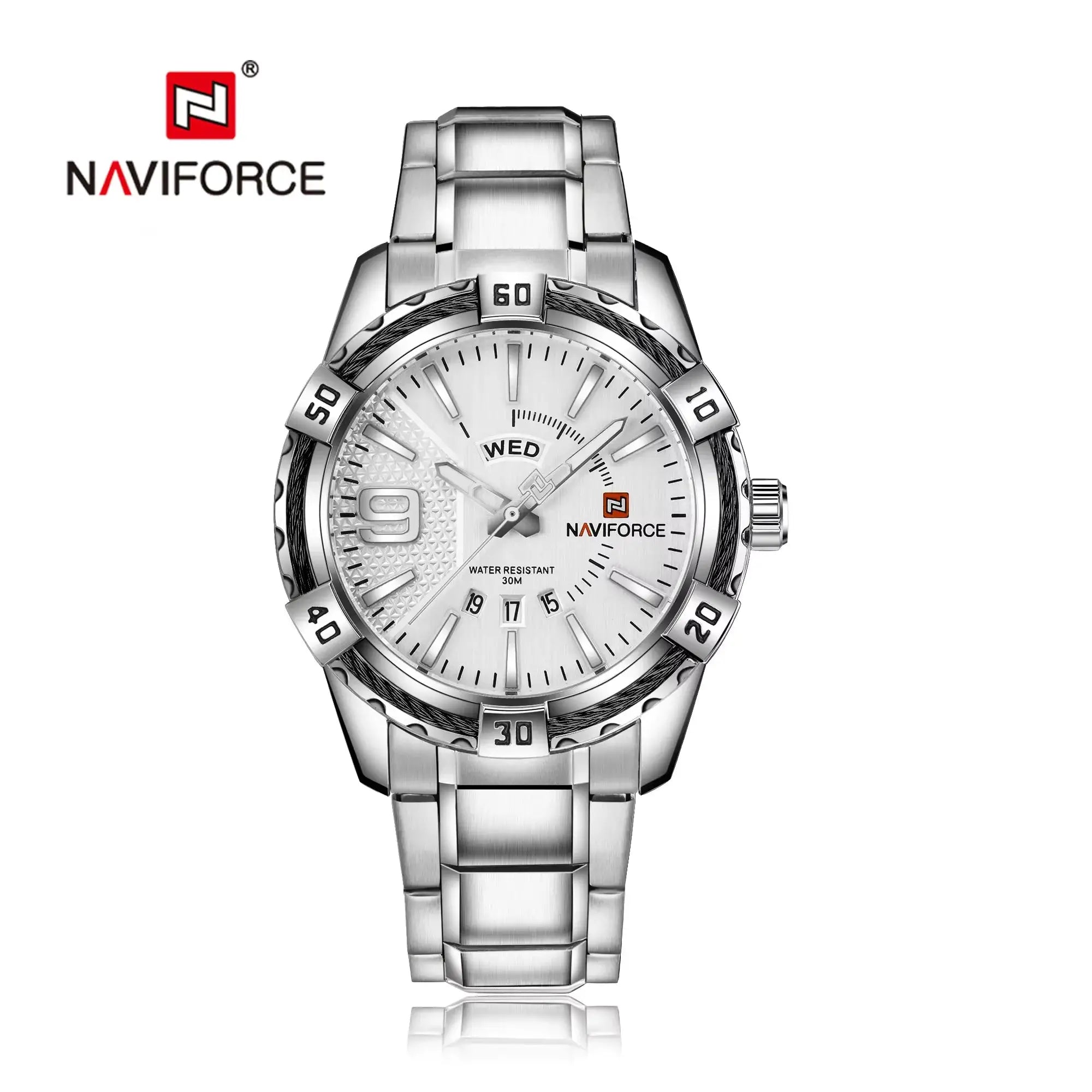 NAVIFORCE men's wristwatch with stainless steel band, analog dial, day/date display, 30m water resistant.