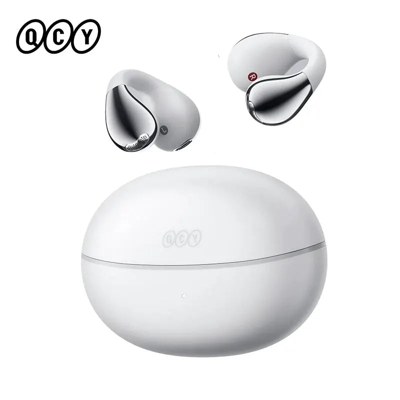 QCY Crossky C30S open-ear wireless earphones with charging case, white chrome earbuds