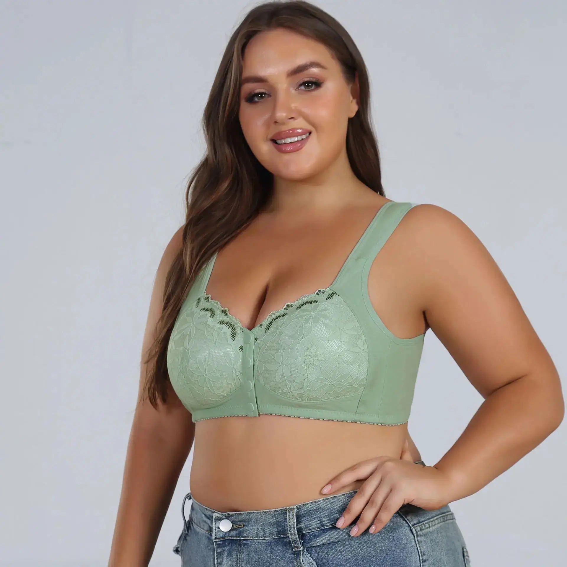 Green lace front-closure bra by Simples Market with soft cotton cups, no underwire, XL