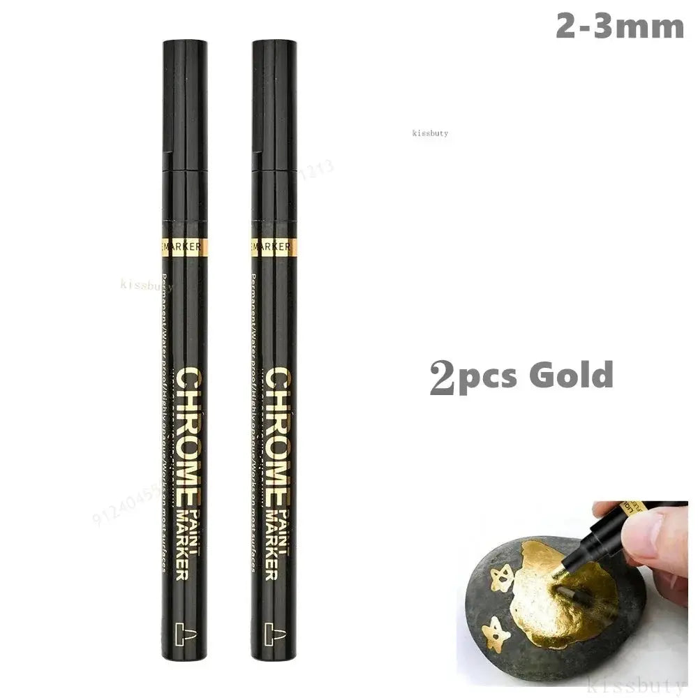 Chrome mirror marker pens set, 2pcs, black bodies with gold labels, 2mm tips