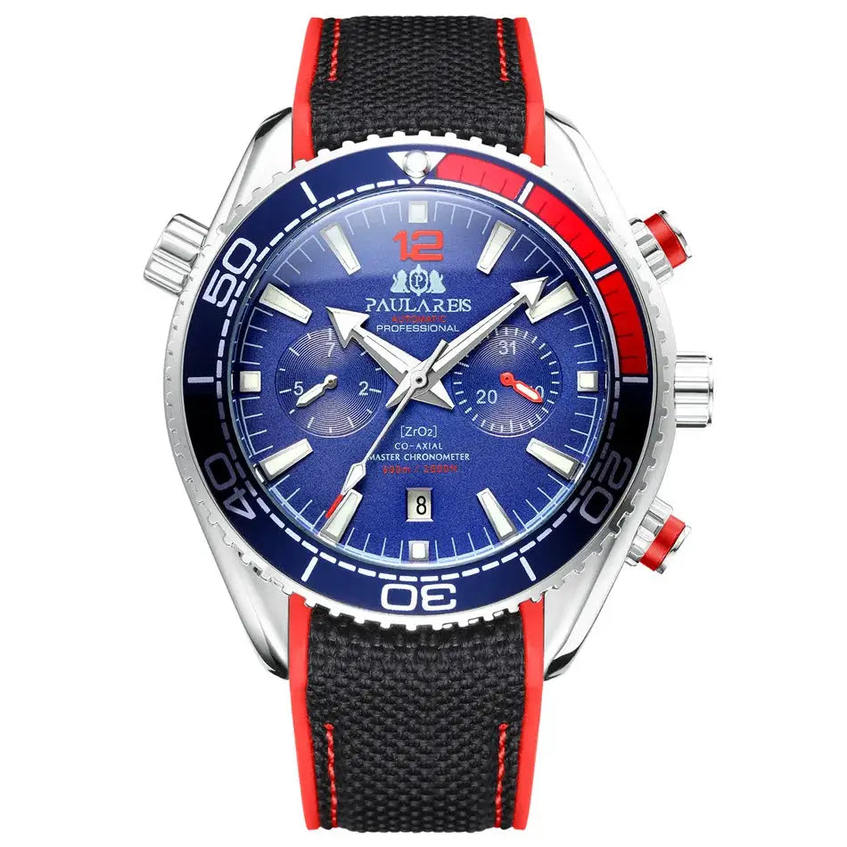 PAULAREIS P luxury men's automatic watch with blue dial, red and blue bezel, black rubber strap