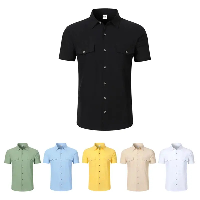 Men's linen button-up short-sleeve shirt with lapel collar and two chest pockets, available in six colors