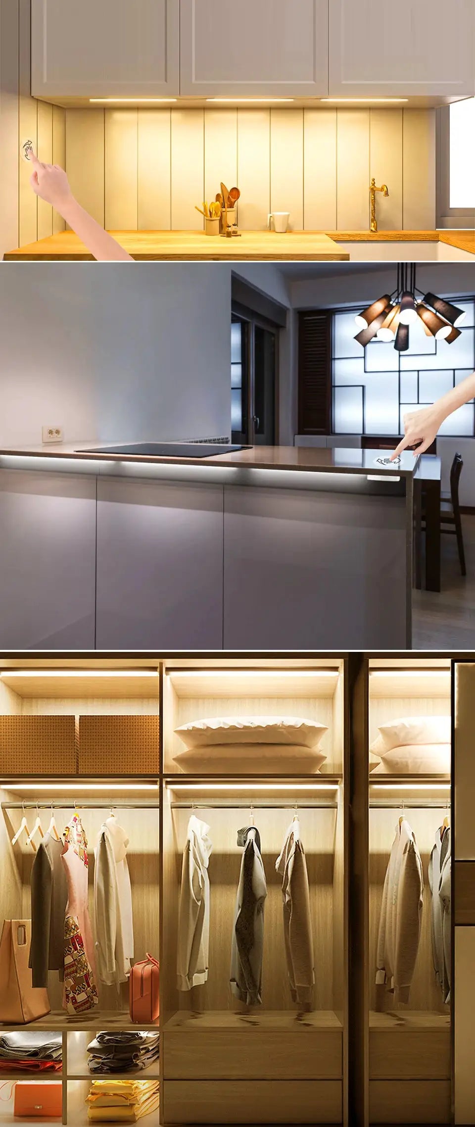 Kitchen LED under-cabinet light by Simples Market with motion sensor, dimmable touch switch and wood finish (1-6 pcs)