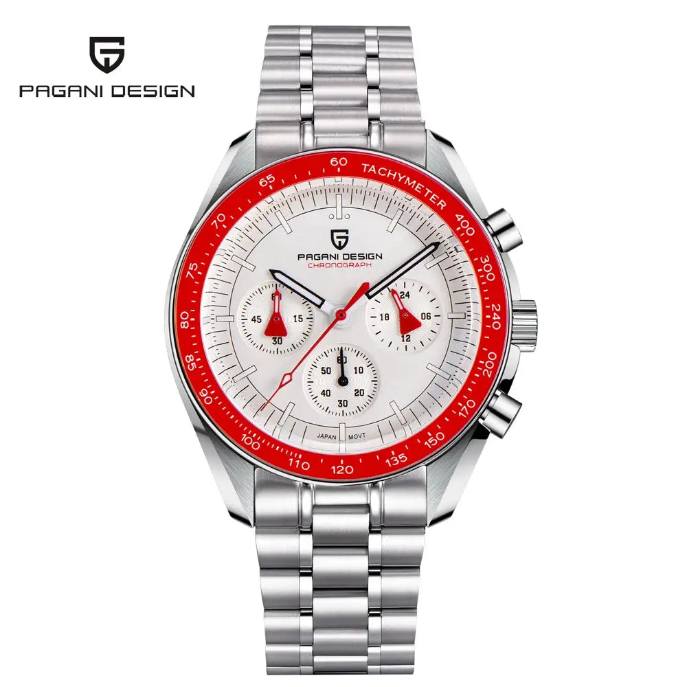 Pagani Design PD1701 chronograph watch with white dial and red bezel, stainless steel bracelet.