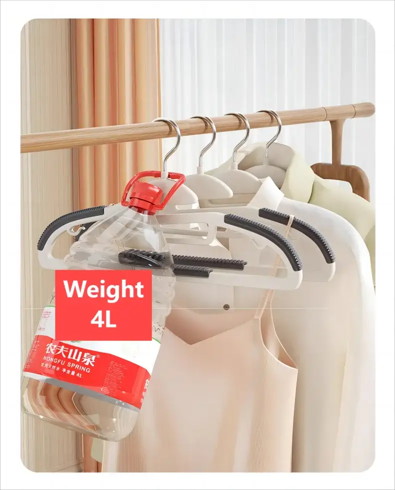 Hangers 10-piece multifunctional wet and dry anti-slip clothes hangers in black/orange/grey on a wooden wardrobe rod