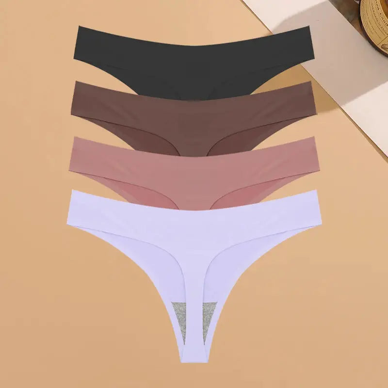4-pack seamless women’s thong underwear in black, brown, pink, lavender; ultra-thin, low-rise, breathable.