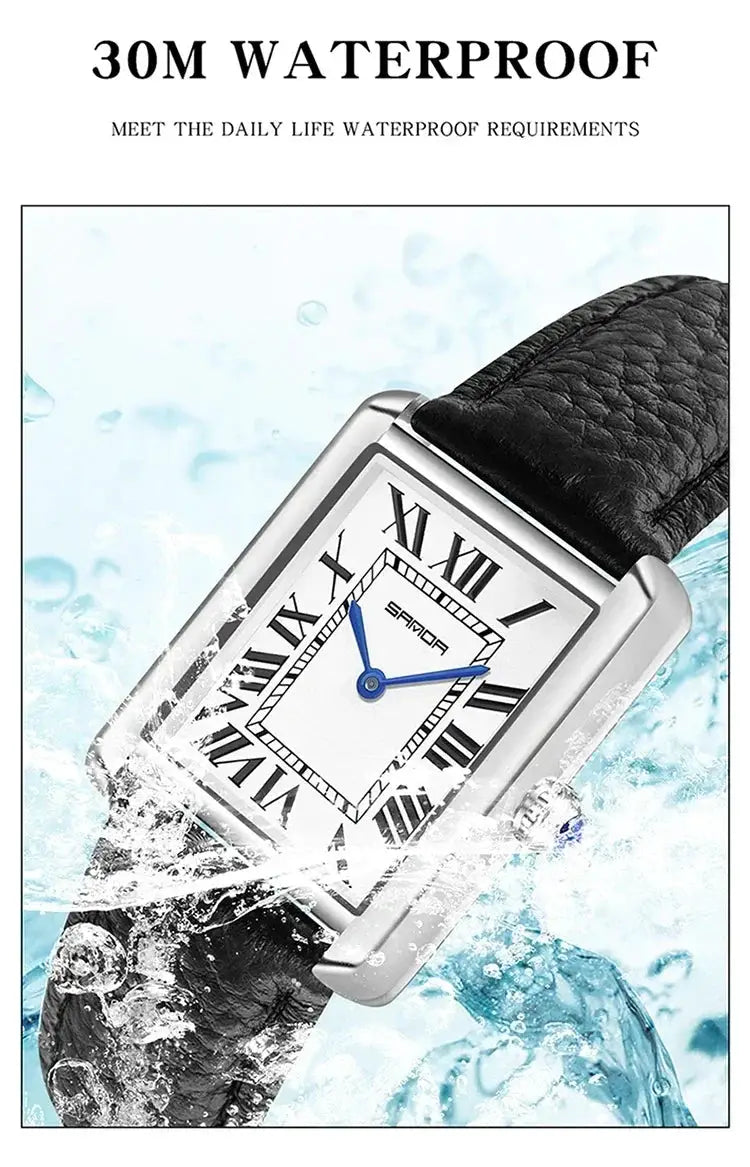 SANDA 9031/1108 rectangular quartz watch with black leather strap, blue hands, Roman numerals, waterproof.
