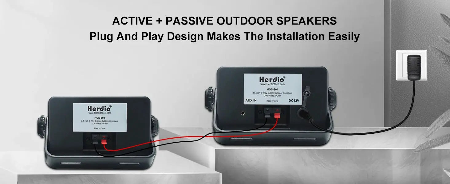 Pair of Herdio 3.5-inch outdoor Bluetooth speakers, waterproof wall-mount, black, 200W.