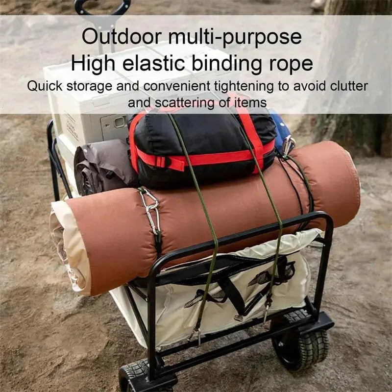 Simples Market outdoor heavy-duty bungee cords with carabiner hooks securing camping gear on a wagon cart