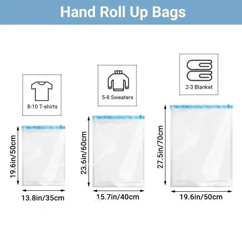 Travel compression bags sizes for efficient packing of shirts, sweaters, and blankets.