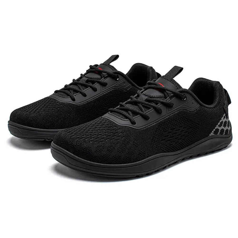 Pair of HOBIBEAR Knit Barefoot Shoes, black unisex zero-drop sneakers with breathable mesh and wide toe