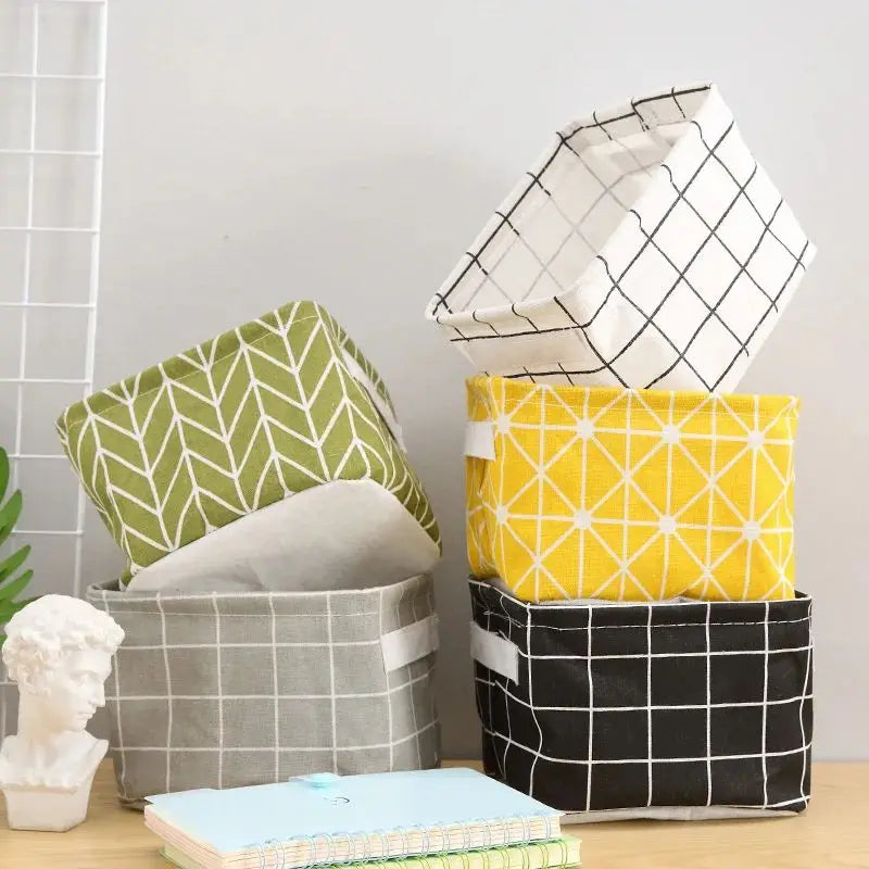 Linen desk storage baskets set of 5 by Simples Market in gray, green, yellow, black and white grid patterns