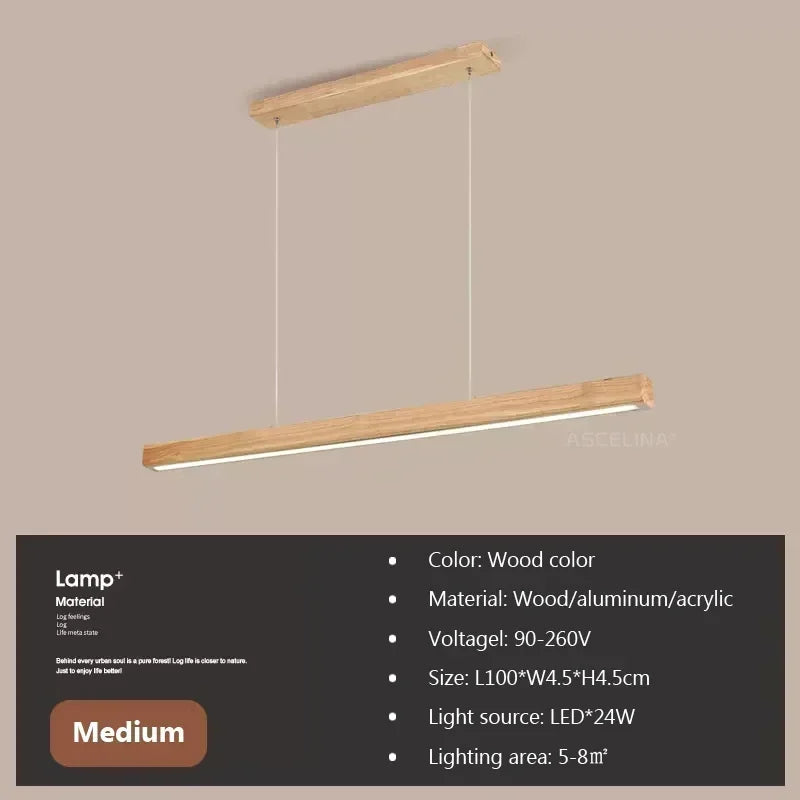 DAMIASMIL LED pendant light, wood long-strip chandelier with dual suspensions by Simples Market for dining room