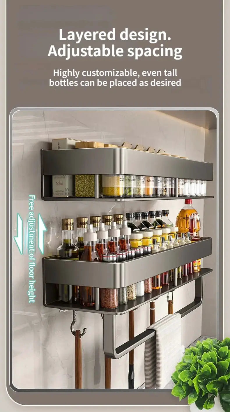 Aluminum kitchen wall rack with 2-tier shelves and hanging utensil hooks