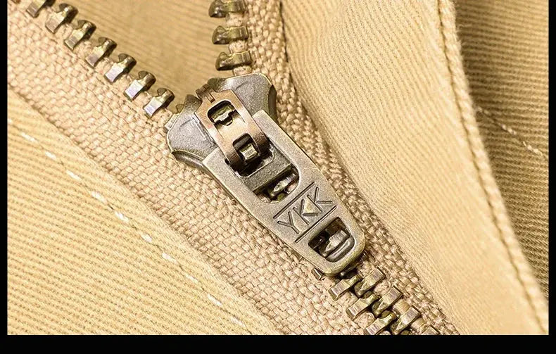 Khaki cotton men's casual pants close-up of YKK zipper, Simples Market