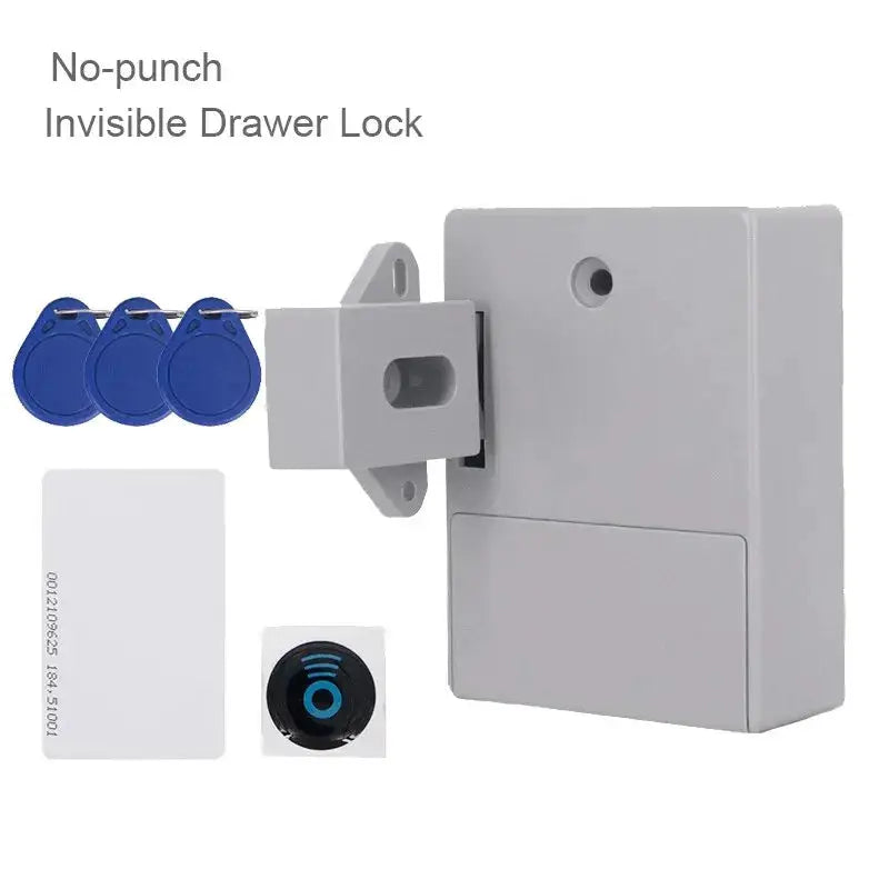 Invisible RFID cabinet lock for furniture with 3 blue key fobs and a white card, hidden installation